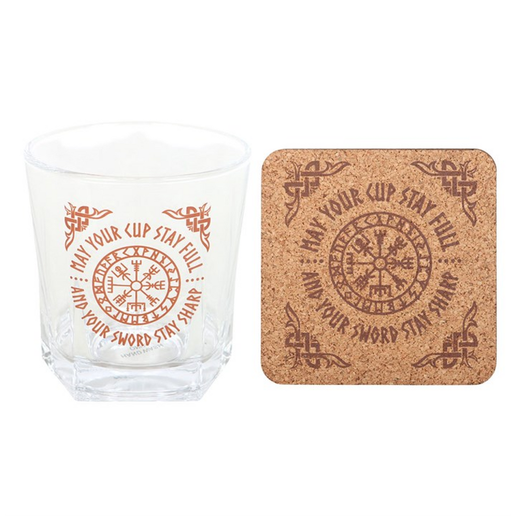 Viking Compass Lowball Drinking Glass with Coaster