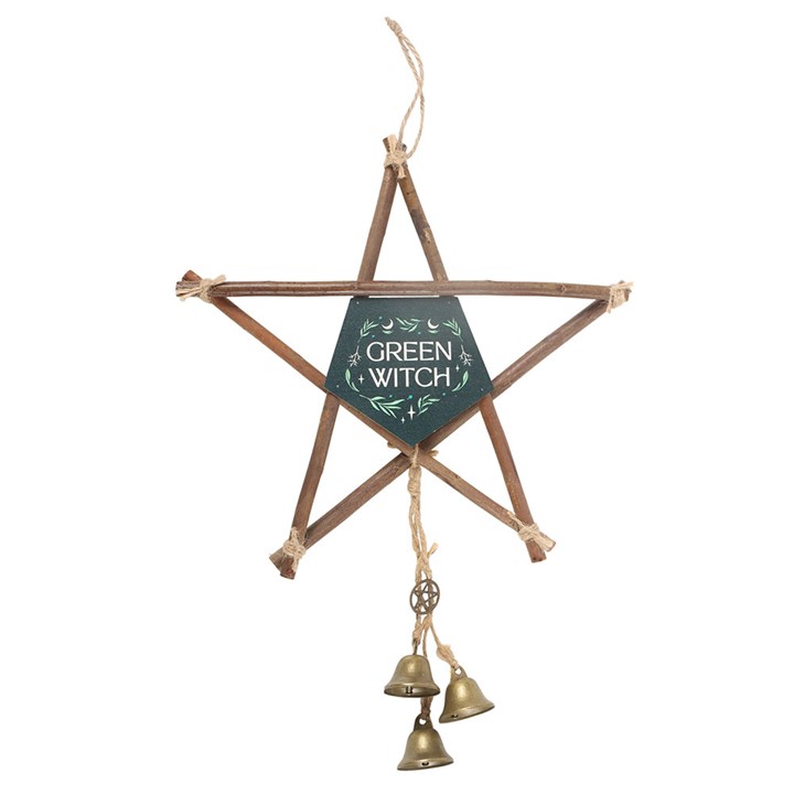 Green Witch Hanging Willow Pentagram with Bells