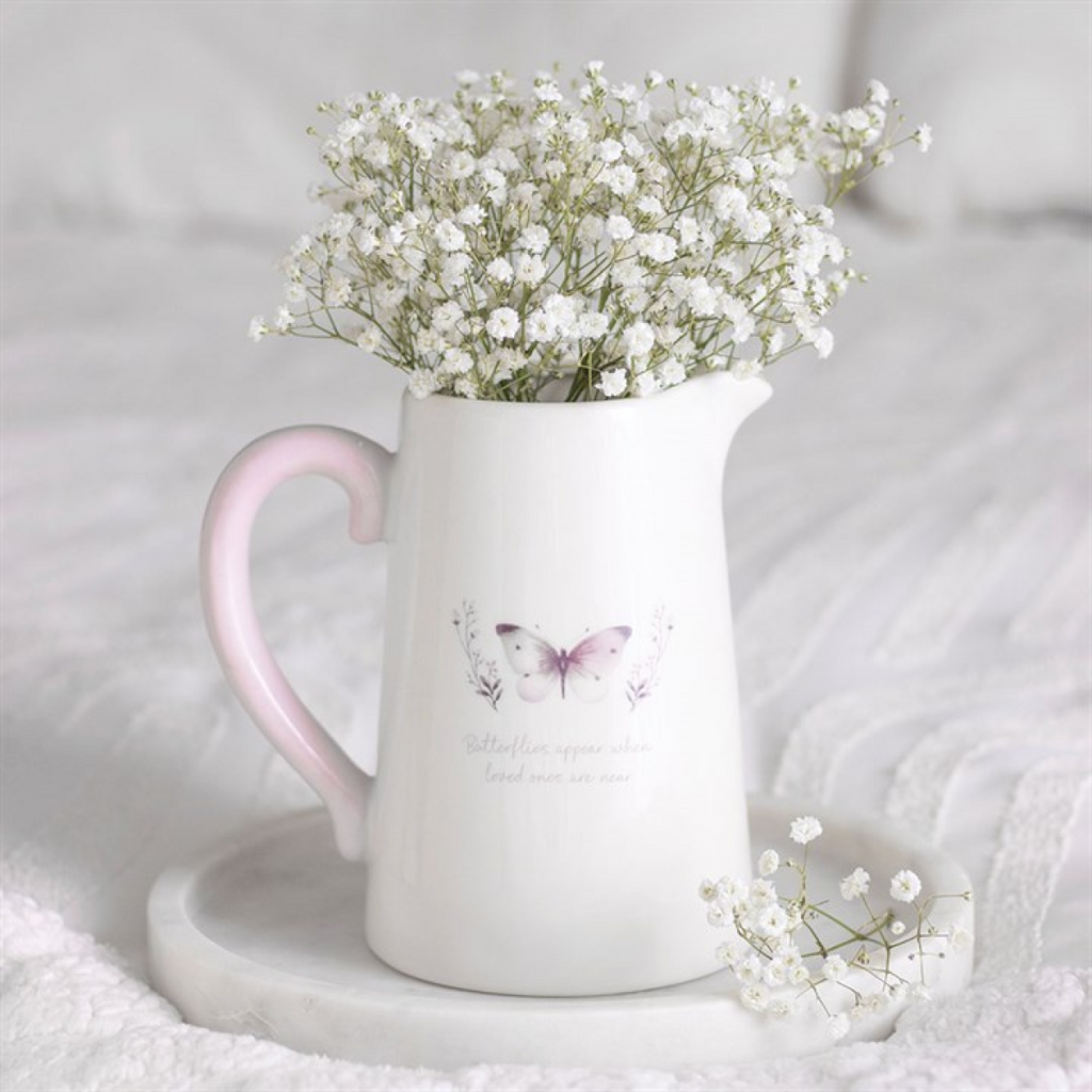 White Butterfly Print Ceramic Flower Jug